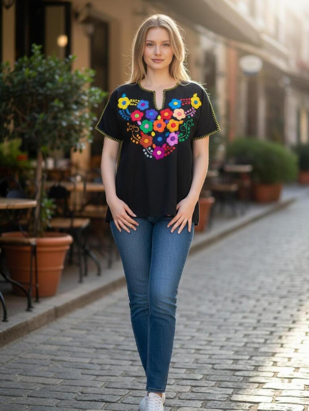Unique Black Multicolored Embroidered Floral Blouse with Yellow Stitching Summer